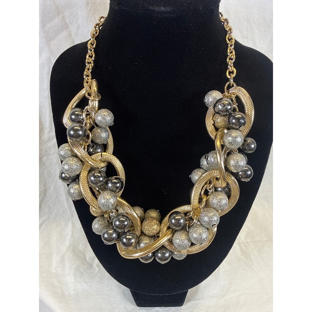 Monet Statement Necklace Gold Tone Chunky Link Multi Metallic Bead Cluster 20in